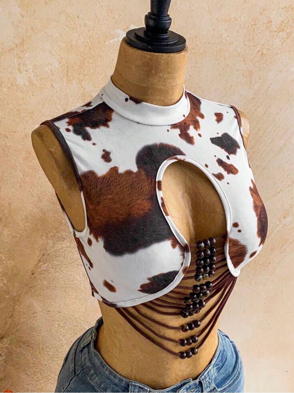 Cow-Print Cutout Beaded Crop Top in Brown and White